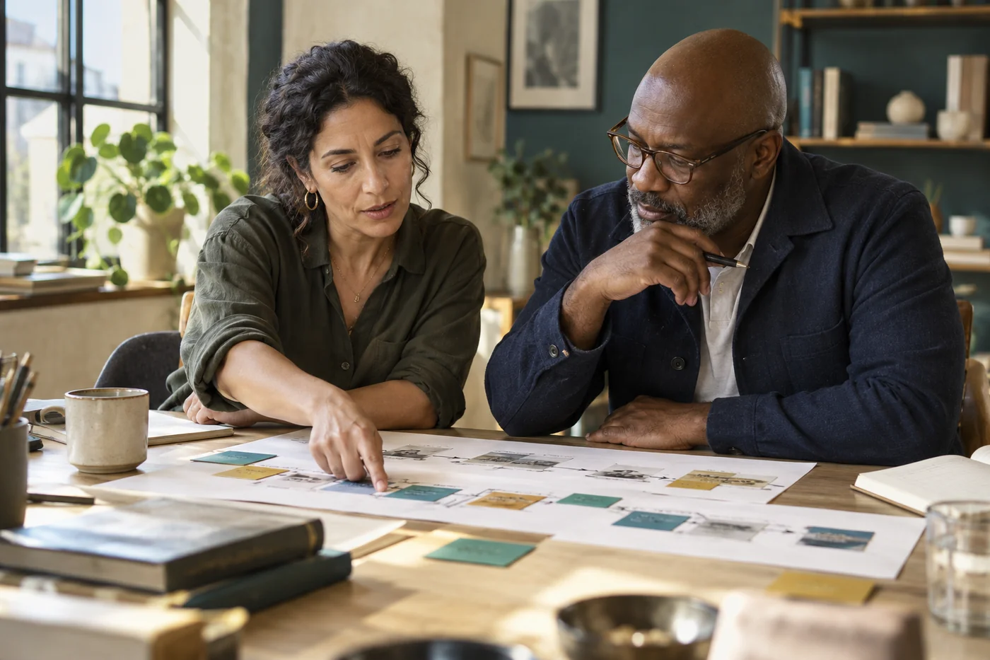 Customer-experience analysts comparing journey notes at a table.