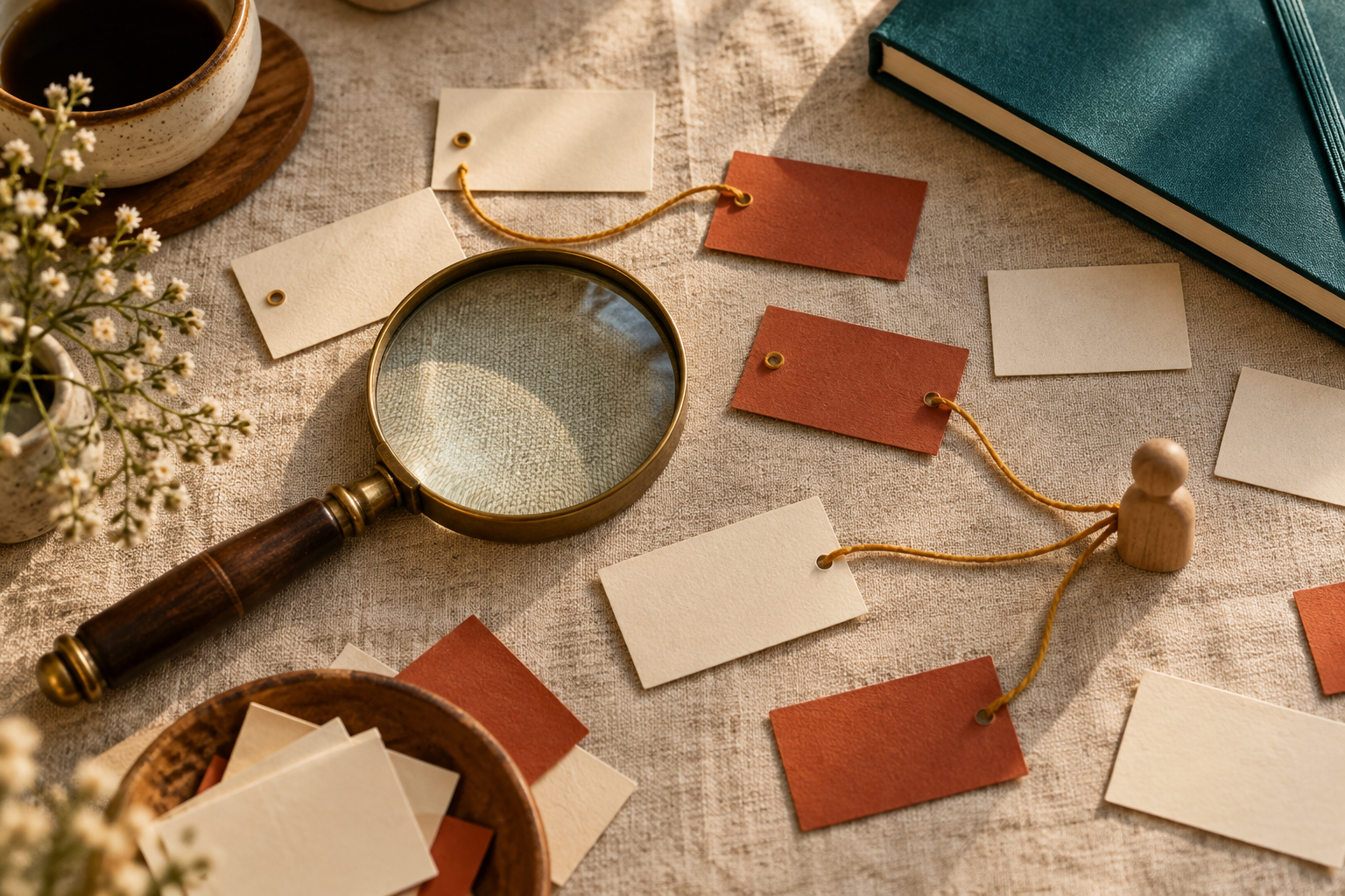 A magnifying lens connects scattered blank search cards with a simple customer-journey notebook.
