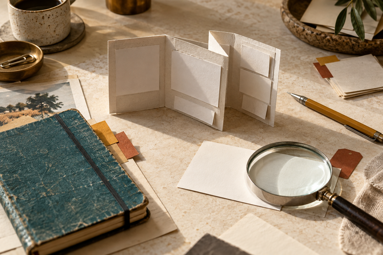 A rough paper prototype, interview notebook and magnifying glass arranged for careful product review.