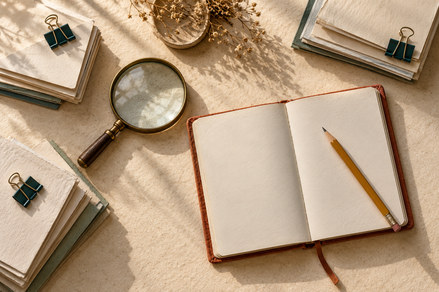 A magnifying glass and sorted source papers lead to a single decision notebook on a cream desk.