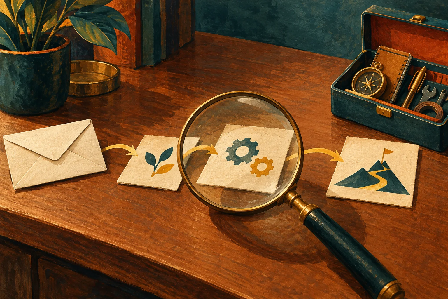 A retro editorial illustration of an envelope, review cards and a small toolkit on a warm wooden desk.