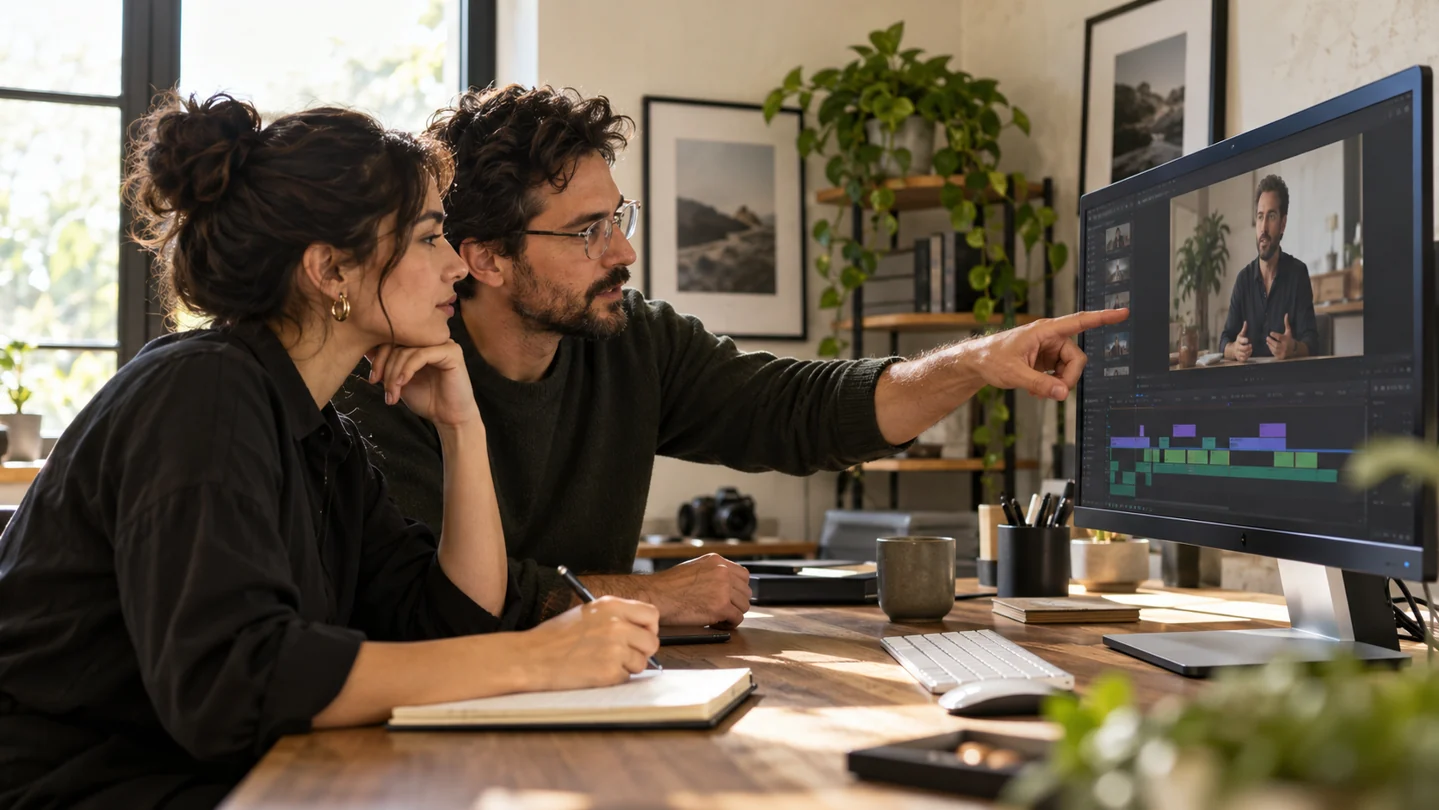 AI-generated editorial image of two colleagues reviewing a video and its performance notes.