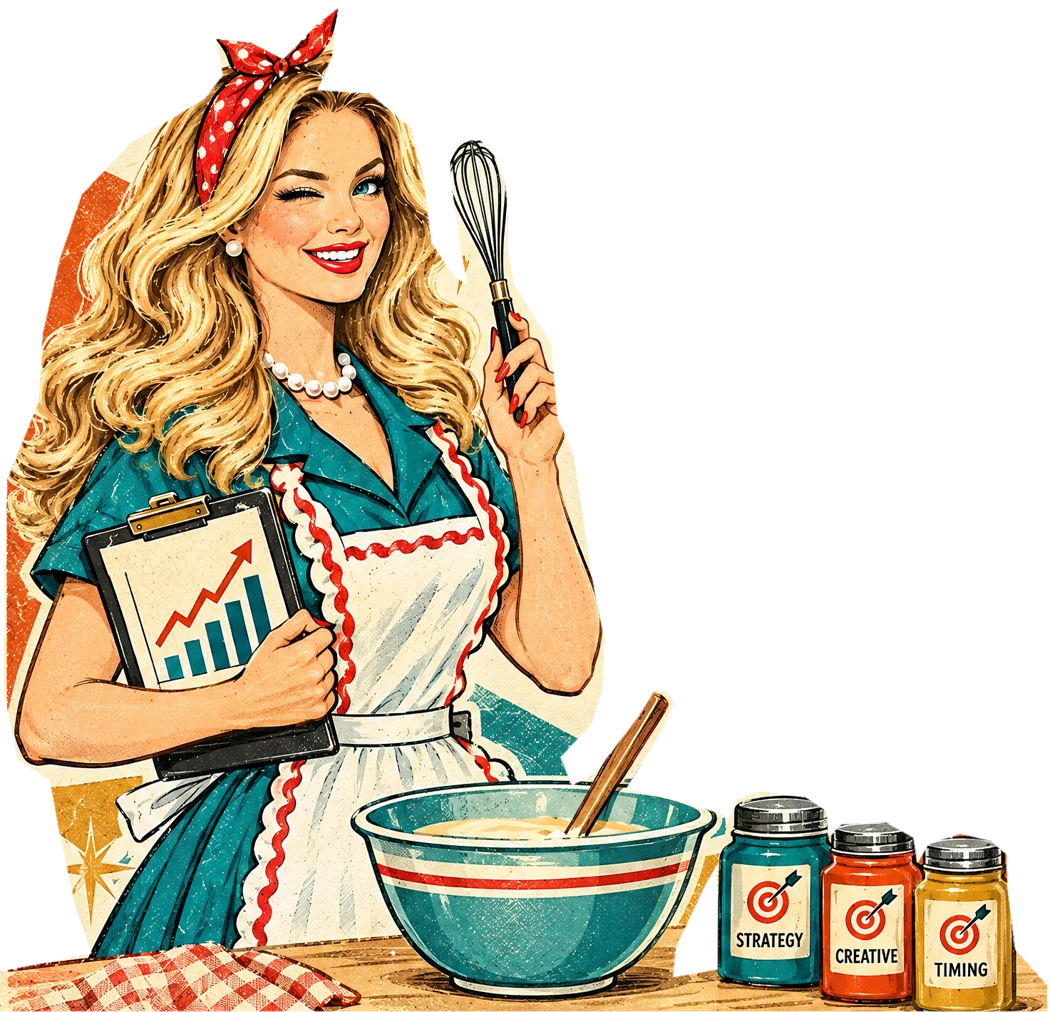 Ashley’s supplied illustrated character holding a whisk beside a mixing bowl and jars labeled Strategy, Creative, and Timing.