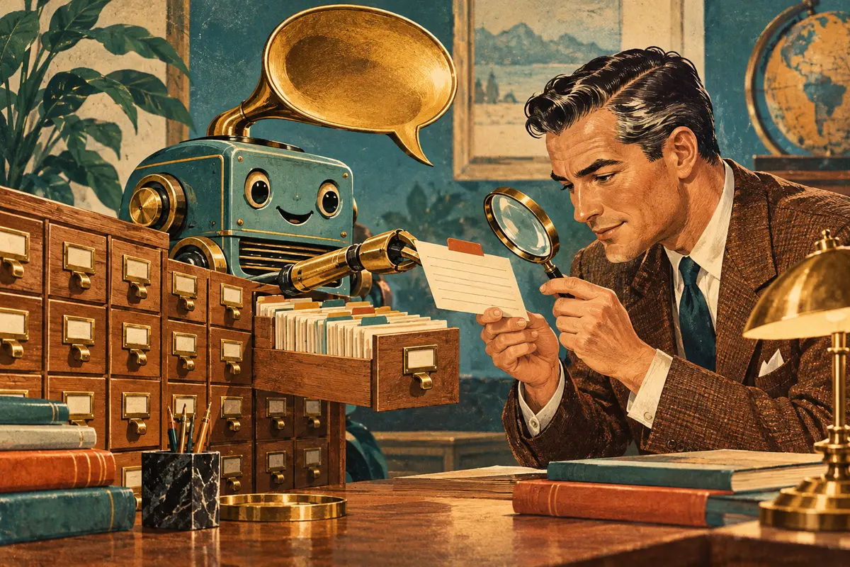 A retro answer machine retrieves a source card while an expert verifies the answer.