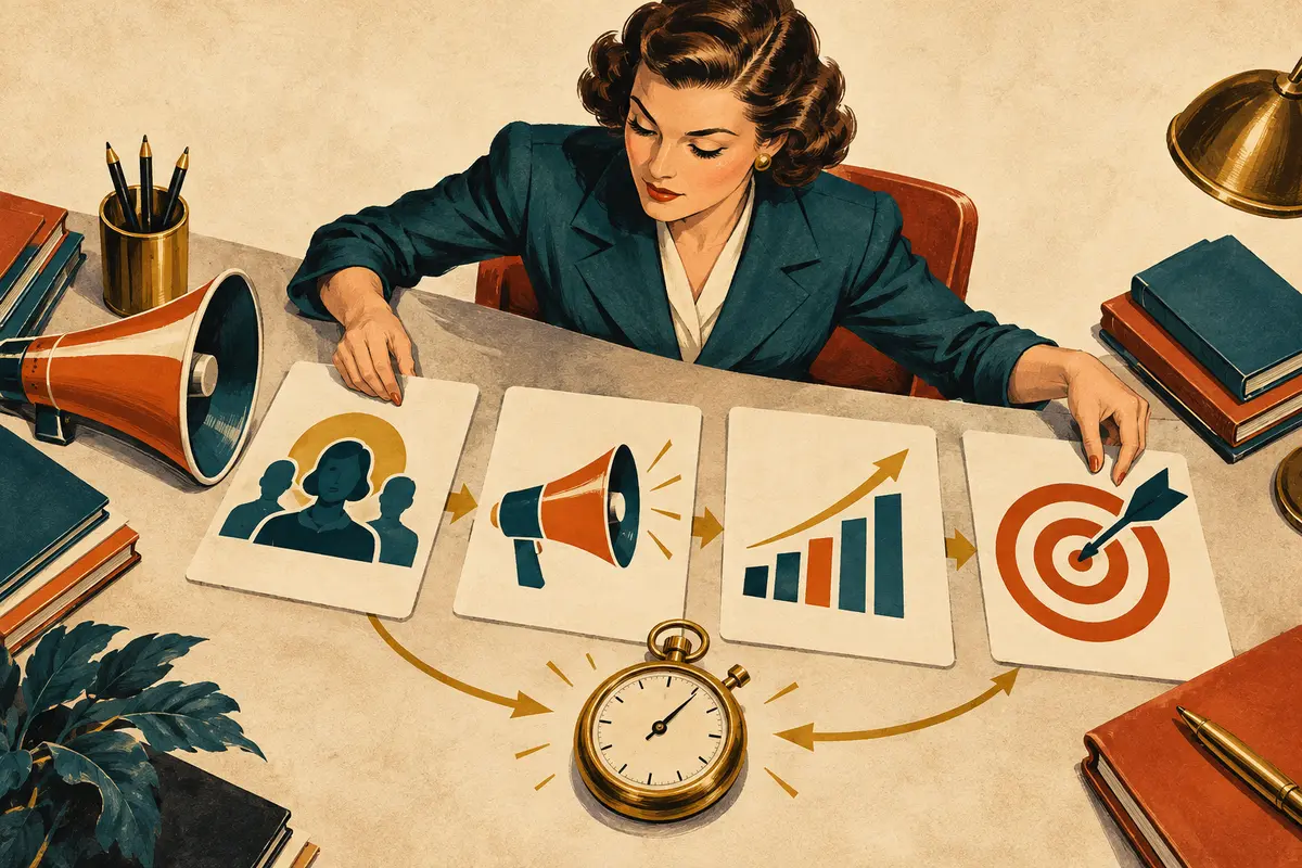 A campaign director arranges a brief, audience, message and measurement plan at a desk.