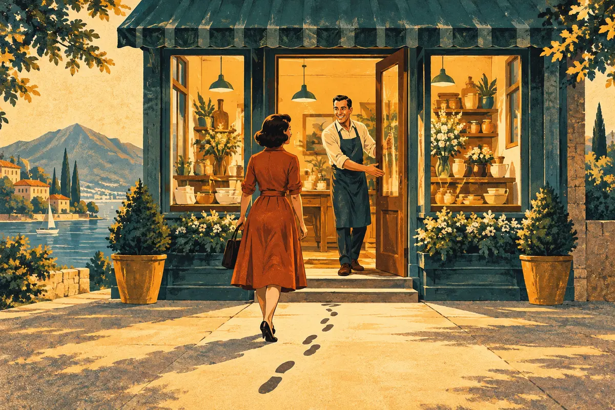 A founder welcomes the first visitor through an open doorway.
