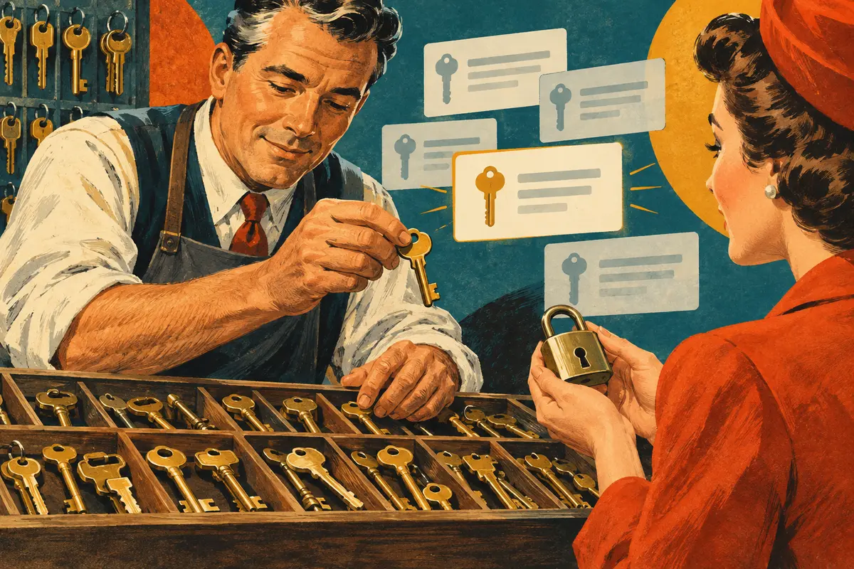 A shopkeeper matches the right key to a customer's lock, illustrating search intent.