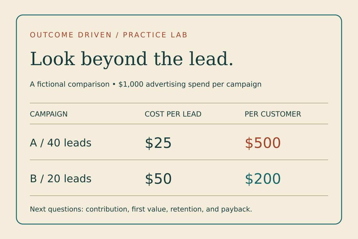 Fictional comparison: campaign A costs $25 per lead and $500 per customer; campaign B costs $50 per lead and $200 per customer.