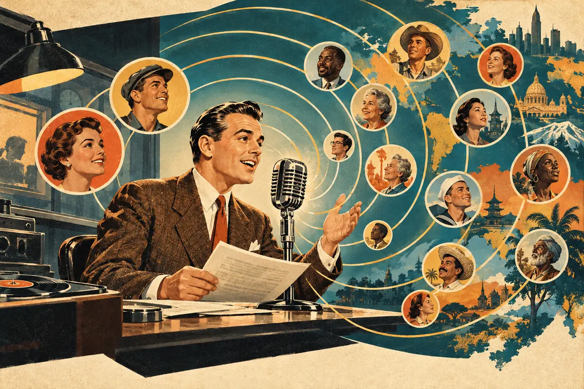 A presenter builds an audience from one listener to widening circles of people.