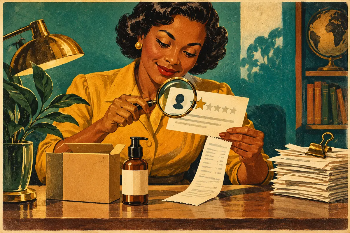 An editor checks a review against a receipt, product and supporting evidence.