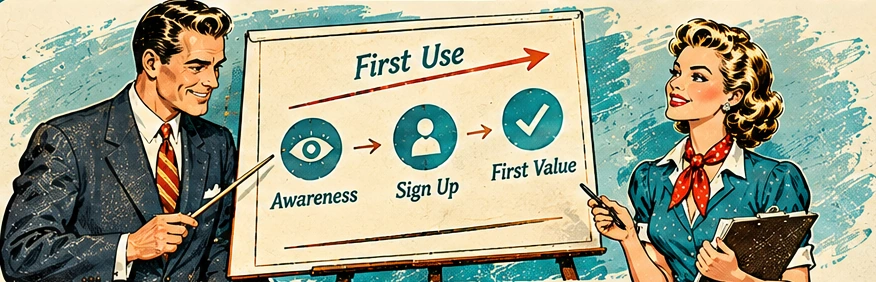 Vintage illustration of a first-use customer journey.