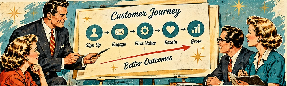 Vintage illustration of strategists mapping a customer journey from signup to first value.