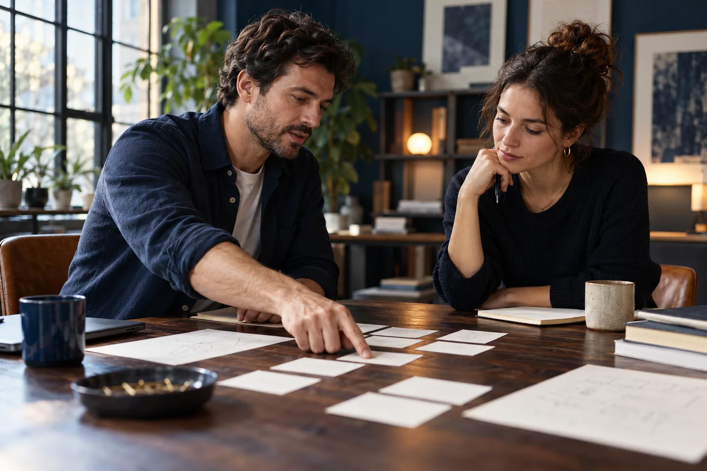 Two colleagues compare customer journey notes at a walnut table.