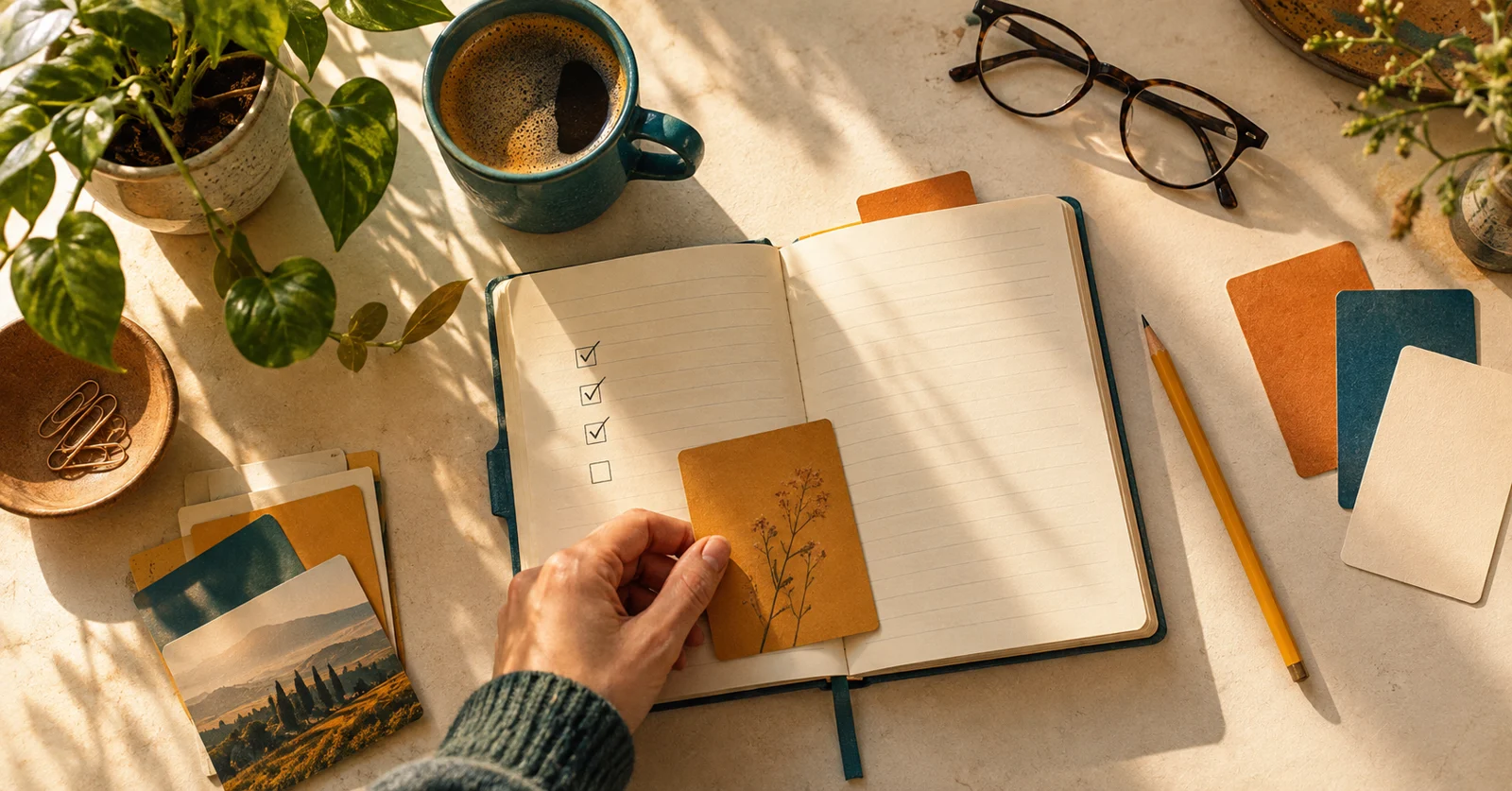Vintage editorial illustration of a notebook and weekly review materials on a desk.